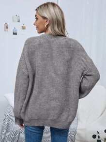 SHEIN LUNE 前开落肩纯色开衫、长袖上衣 - 深灰色 - 查看 2