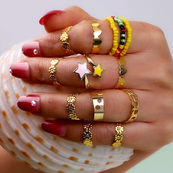 

13pcs Bead Detail Ring, Multicolor