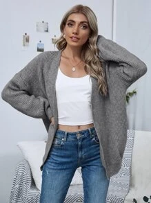 SHEIN LUNE 前开落肩纯色开衫、长袖上衣 - 深灰色 - 查看 5