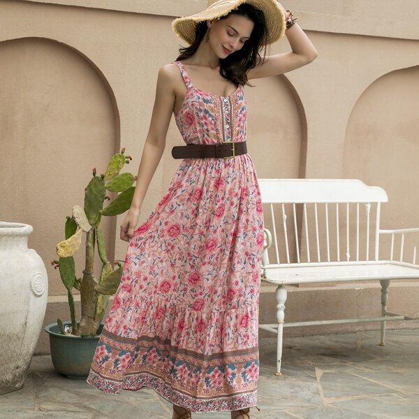 

Floral Print Ruffle Hem Slip Dress Without Belt, Multicolor
