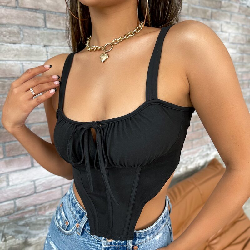 

Ruched Bust Asymmetrical Hem Cami Top, Black