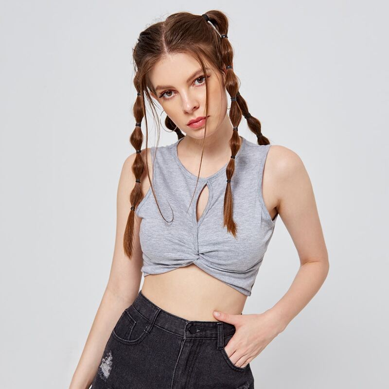 

Space Dye Twist Front Crop Tank Top, Grey