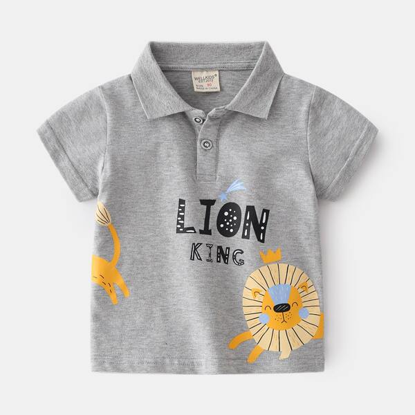 

Toddler Boys Cartoon Lion Print Polo Shirt, Grey