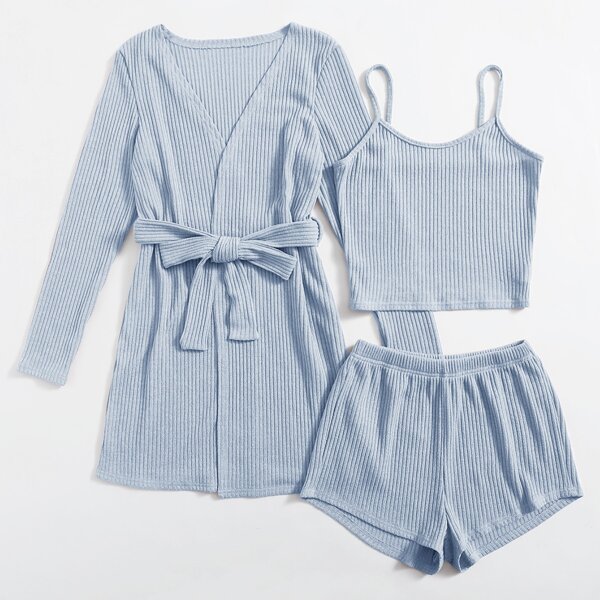 

3 Pack Rib-knit Belted Robe Set, Baby blue