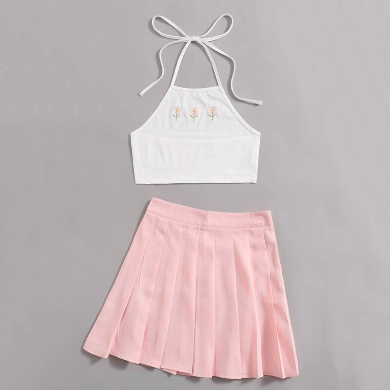 

Floral Embroidery Halter Top & Pleated Skirt, Multicolor