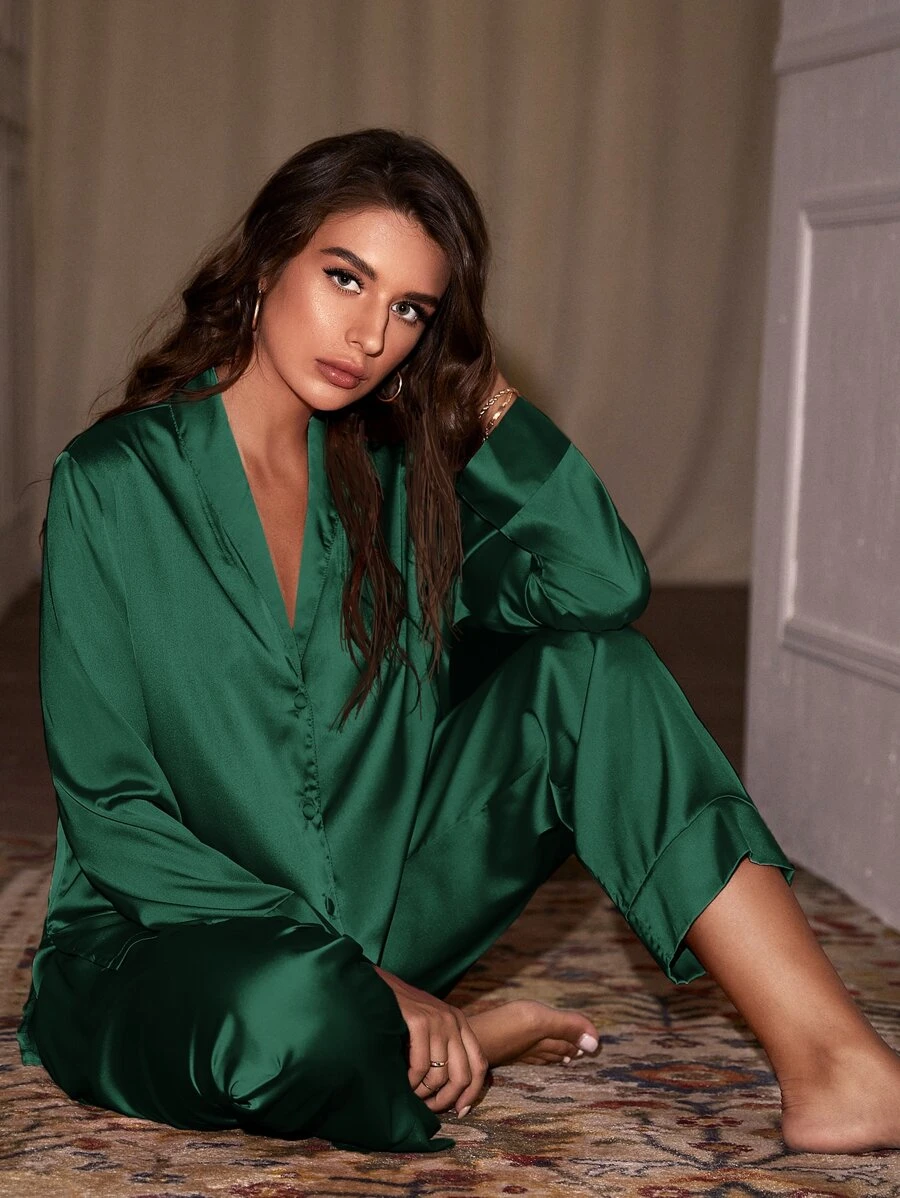 Shawl Collar Solid Satin PJ Set / Pajama Set, Vacation