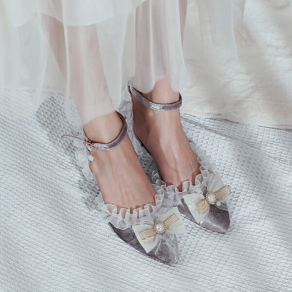 

Contrast Mesh Ankle Strap Velvet Pumps, Grey