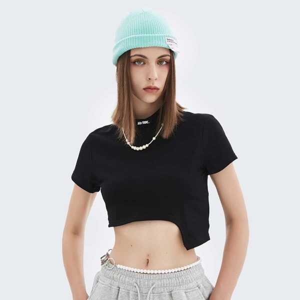 

Letter Embroidered Asymmetrical Hem Crop Tee, Black