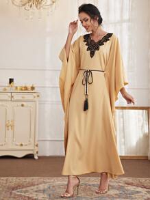 Al Najma Contrast Lace Belted Kaftan Dress - Apricot - View 1
