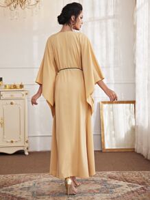 Al Najma Contrast Lace Belted Kaftan Dress - Apricot - View 2