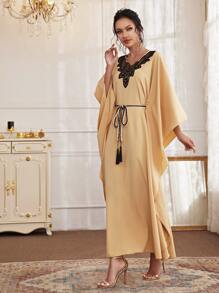 Al Najma Contrast Lace Belted Kaftan Dress - Apricot - View 3