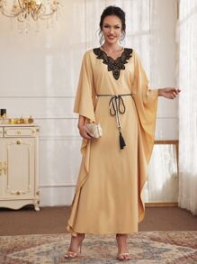 Al Najma Contrast Lace Belted Kaftan Dress - Apricot - View 4