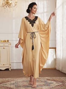 Al Najma Contrast Lace Belted Kaftan Dress - Apricot - View 5