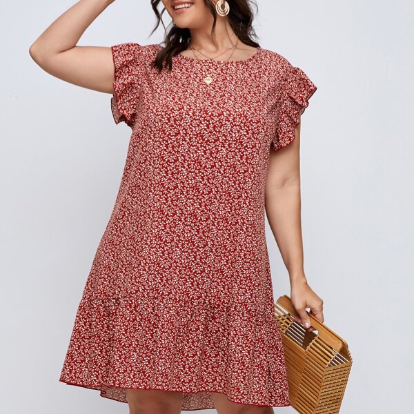 

Plus Ditsy Floral Ruffle Hem Smock Dress, Redwood