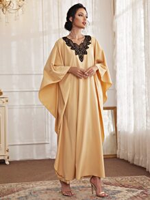 Al Najma Contrast Lace Belted Kaftan Dress - Apricot - View 6