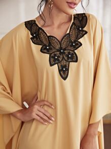 Al Najma Contrast Lace Belted Kaftan Dress - Apricot - View 7