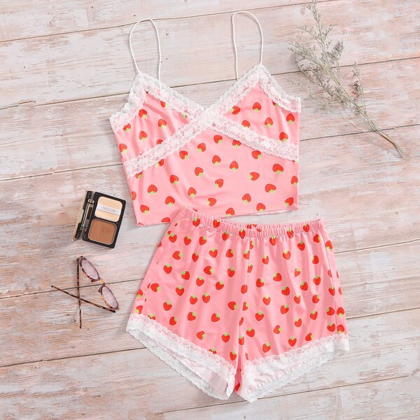 

Strawberry Print Contrast Lace Pajama Set, Pink
