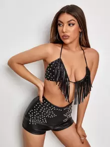 SHEIN ICON Rave Top halter crop de espalda abierta con cordón con diseño de tachuela con fleco & Shorts - Negro - Ver 3