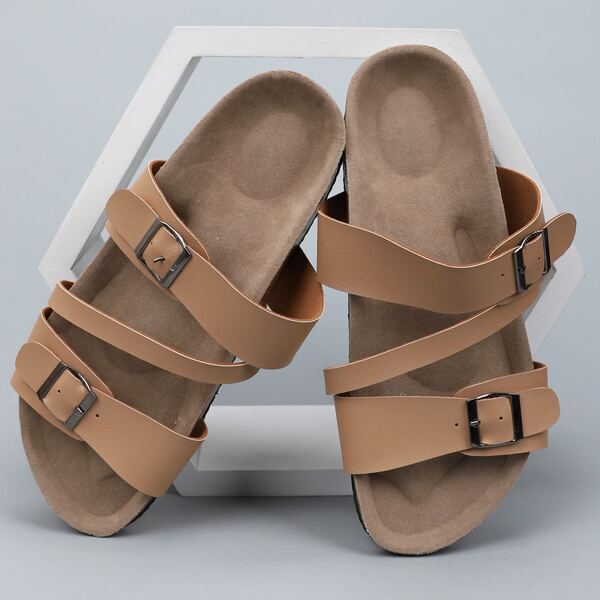 

Buckle Decor Footbed Sandals, Apricot