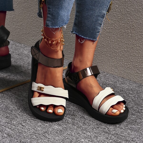 

Two Tone Velcro Strap Flat Sandals, White