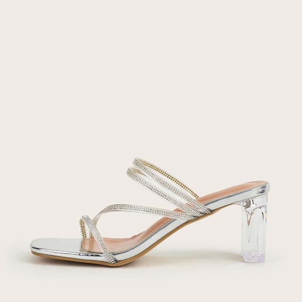 

Clear Rhinestone Decor Chunky Heeled Mules, Silver
