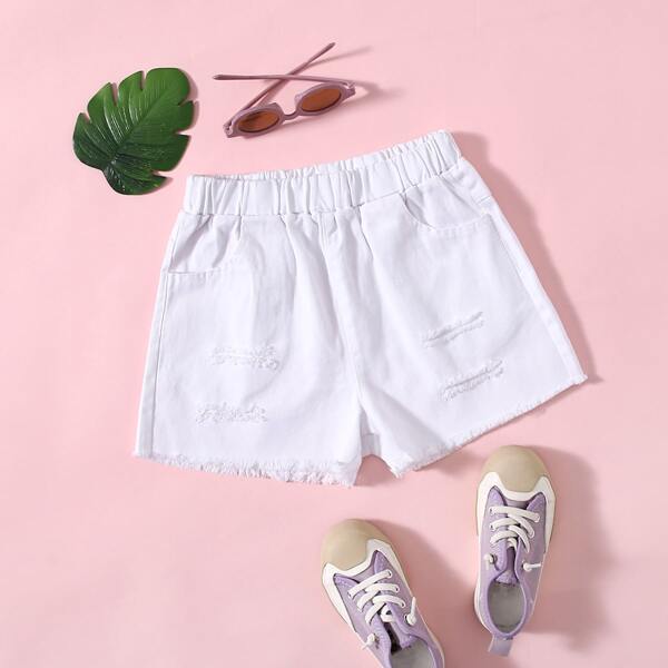 

Girls Ripped Raw Hem Denim Shorts, White