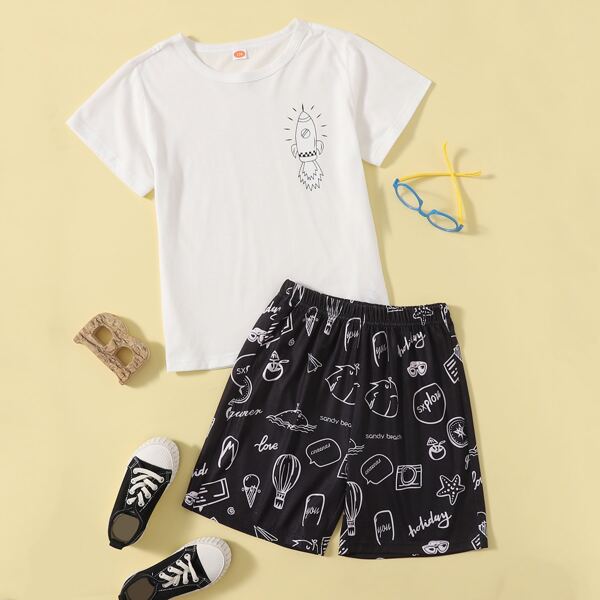 

Boys Cartoon And Letter Graphic Tee With Track Shorts, Black and white