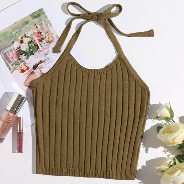 

Tie Back Rib-knit Halter Top, Olive green
