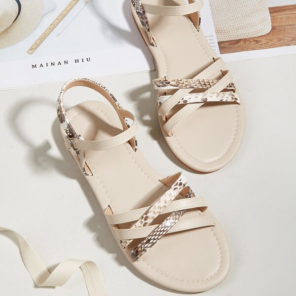 

Snakeskin Lattice Detail Sandals, Beige