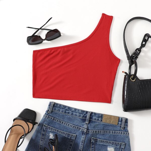 

One Shoulder Crop Top, Red