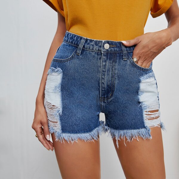 

High Waist Ripped Raw Hem Denim Shorts, Medium wash
