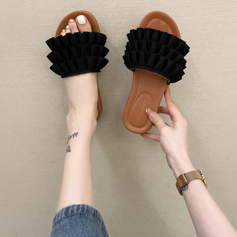 

Layered Ruffle Slide Sandals, Black