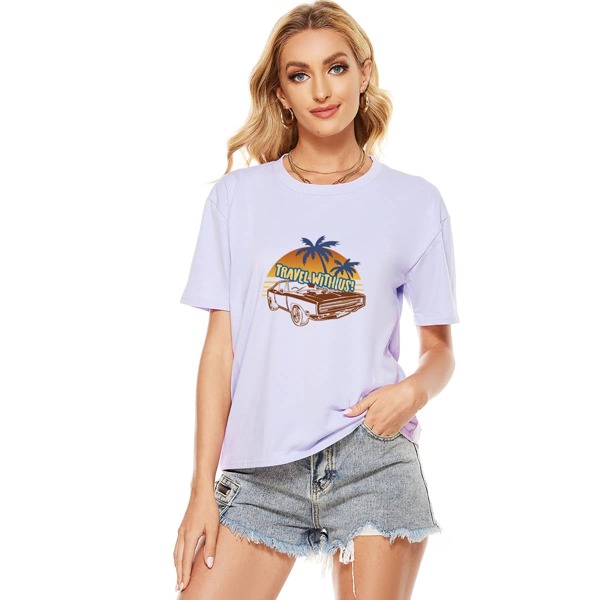 

Car & Slogan Print Round Neck Tee, Lilac purple