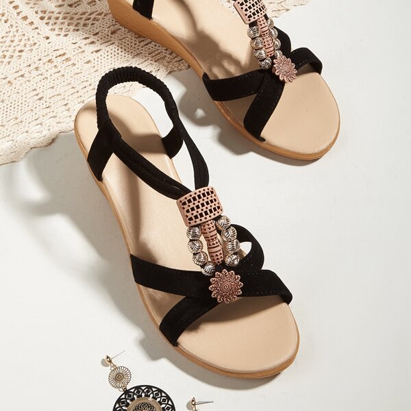 

Beaded Decor Slingback Wedge Sandals, Black
