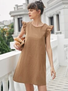 Ruffle Trim Solid Tunic Dress - Camel - View 1