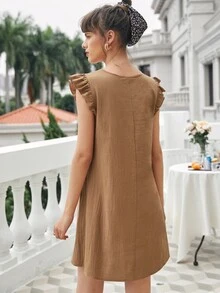 Ruffle Trim Solid Tunic Dress - Camel - View 2