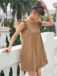 Ruffle Trim Solid Tunic Dress - Camel - View 5