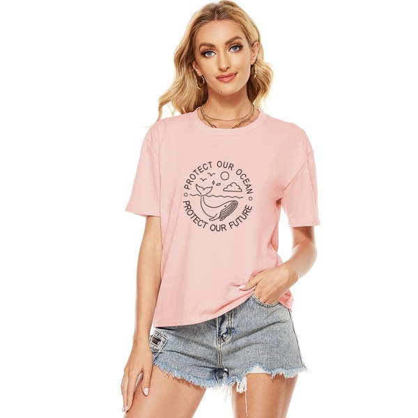 

Slogan And Cartoon Graphic Tee, Baby pink