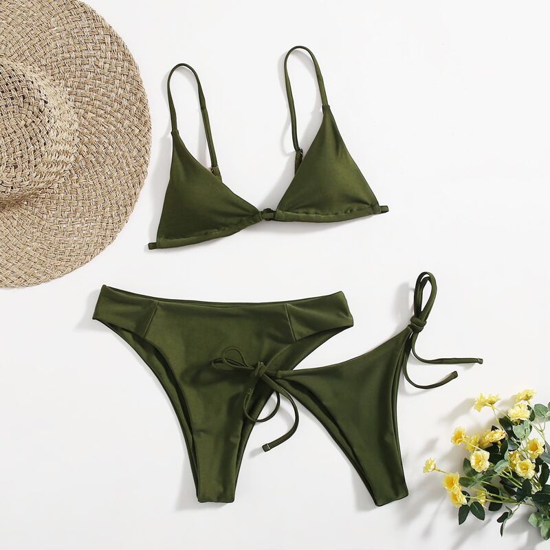 

3pack Tie Side Bikini Swimsuit, Army green
