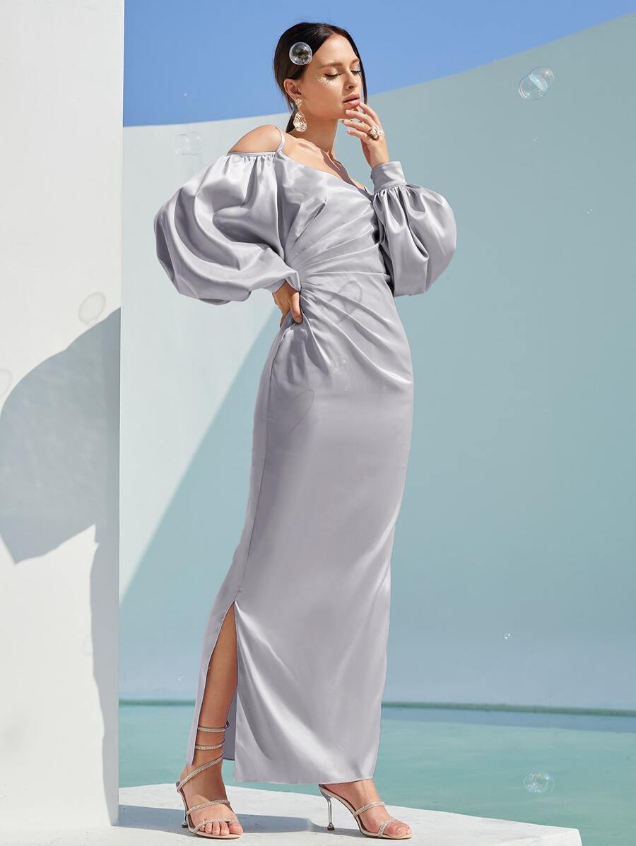 SHEIN Belle Lantern Sleeve Cold Shoulder Split Thigh Satin Dress - Lilac Purple - View 1