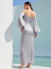 SHEIN Belle Lantern Sleeve Cold Shoulder Split Thigh Satin Dress - Lilac Purple - View 2
