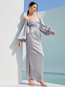 SHEIN Belle Lantern Sleeve Cold Shoulder Split Thigh Satin Dress - Lilac Purple - View 3