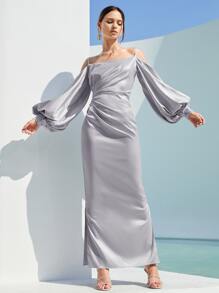 SHEIN Belle Lantern Sleeve Cold Shoulder Split Thigh Satin Dress - Lilac Purple - View 5