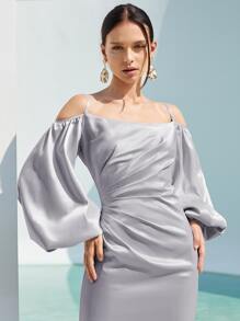 SHEIN Belle Lantern Sleeve Cold Shoulder Split Thigh Satin Dress - Lilac Purple - View 6