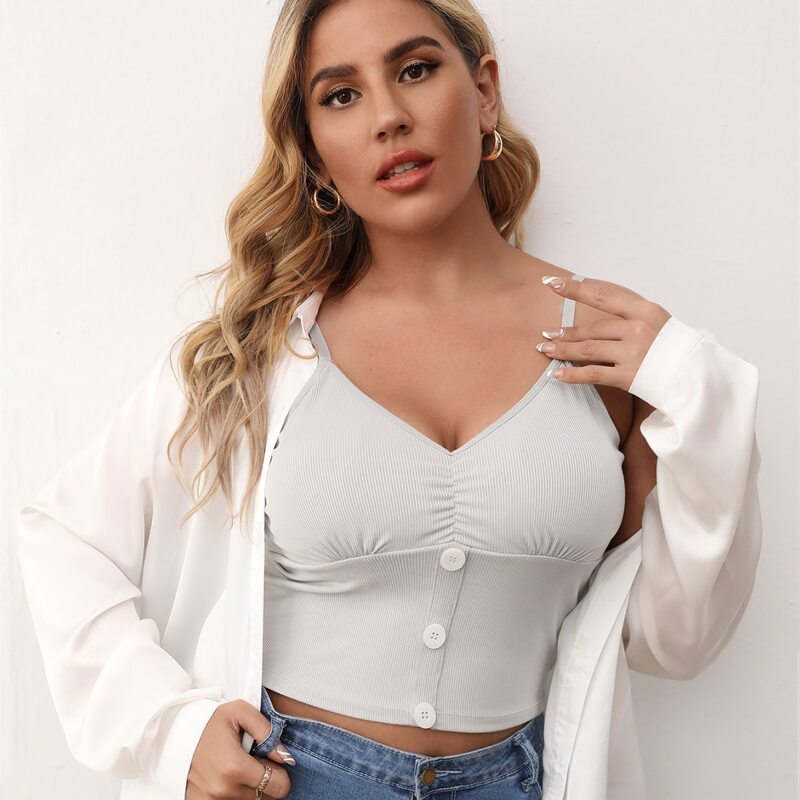 

Plus Rib Button Front Longline Bralette, Grey