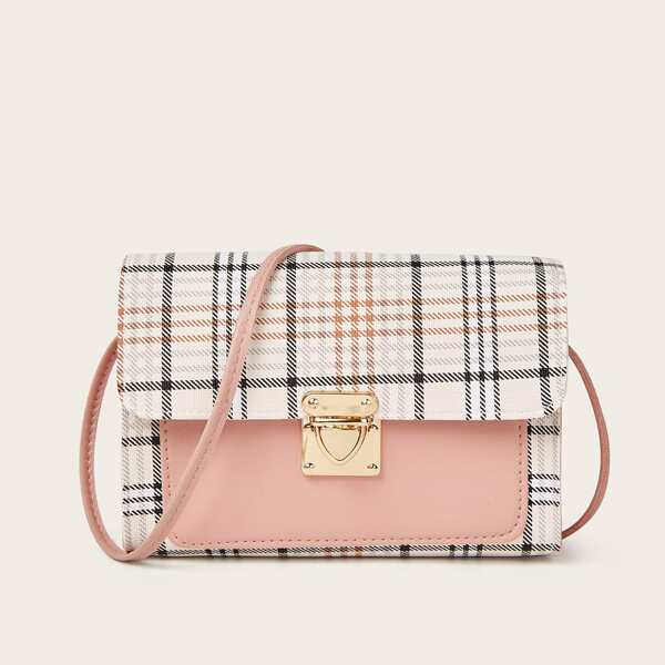 

Push Lock Plaid Crossbody Bag, Pink
