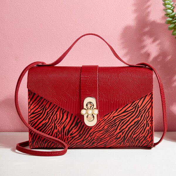 

Twist Lock Zebra Striped Satchel Bag, Red