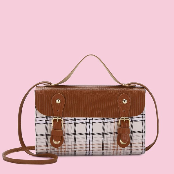 

Buckle Decor Plaid Satchel Bag, Brown