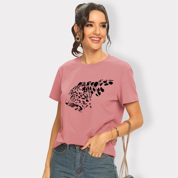 

Tiger Print Round Neck Tee, Dusty pink