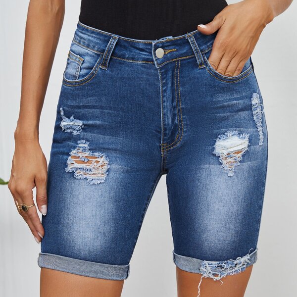 

High Waist Ripped Roll Hem Denim Shorts, Dark wash